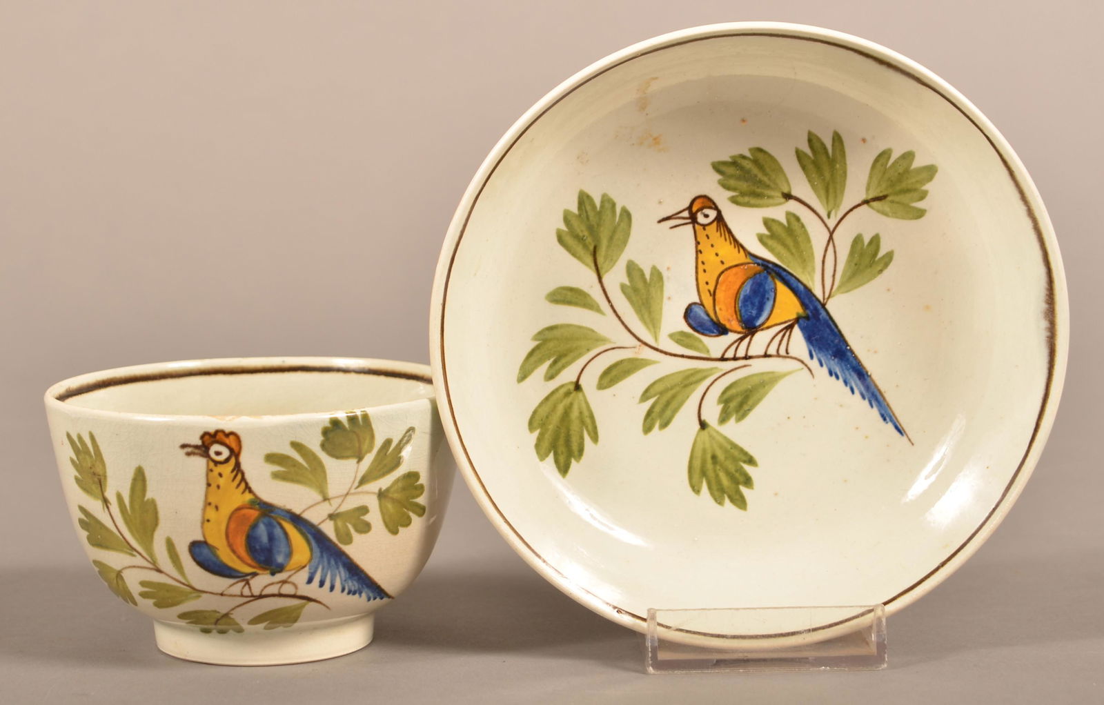 Leeds Soft Paste China Peafowl Cup and Saucer. (1 of 4)