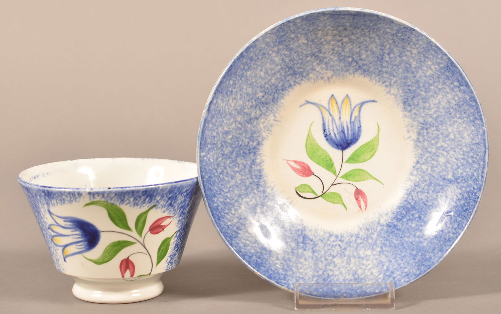 Blue Spatter China Tulip Pattern Cup and Saucer. (1 of 4)