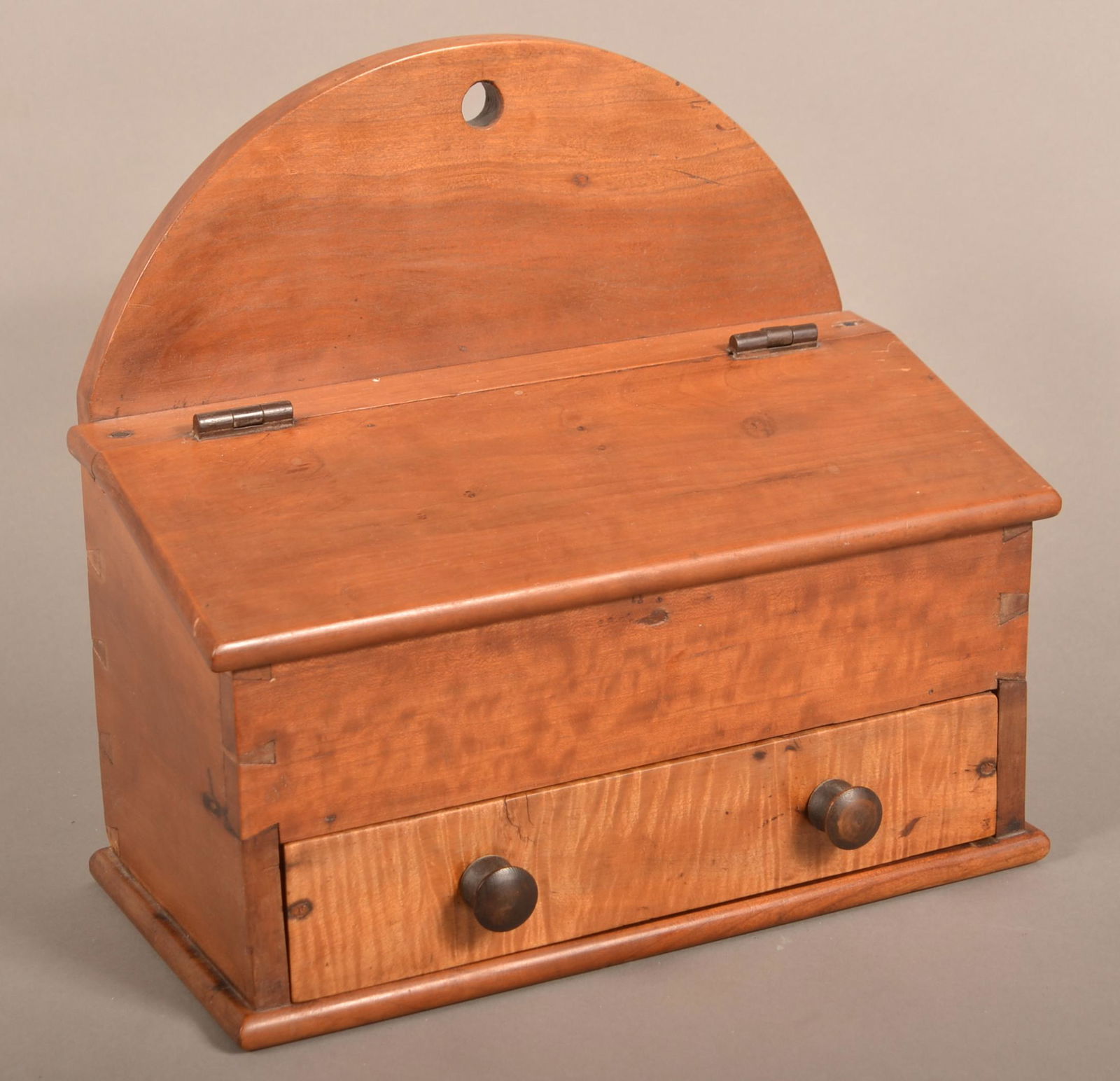 Antique Cherry and Tiger Maple Hanging Salt Box. (1 of 4)