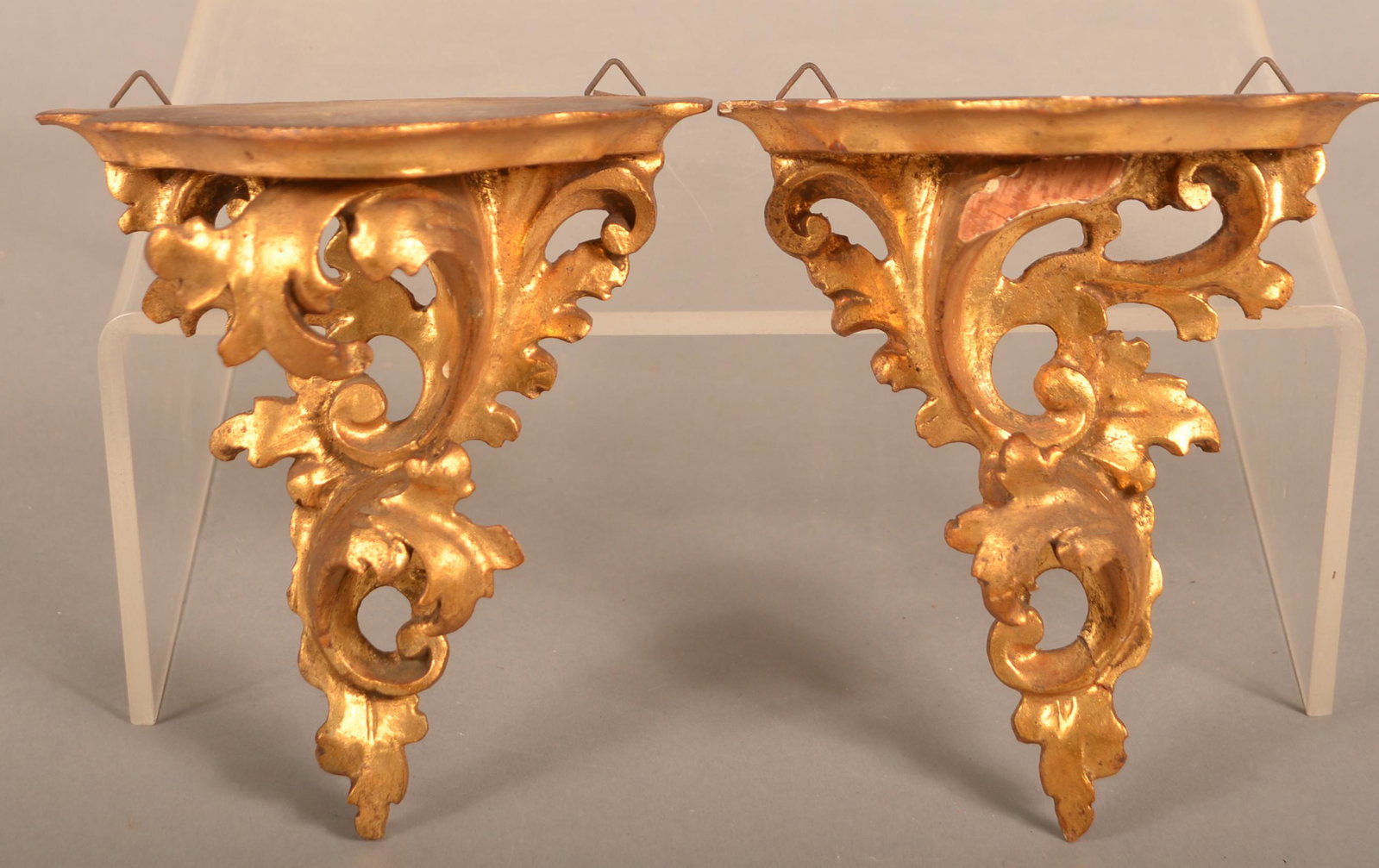 Pair of Antique Giltwood Ornate Wall Shelves.: Pair of Antique Giltwood Ornate Wall Shelves. 6-1/4"h. Condition: Good with wear and loss.