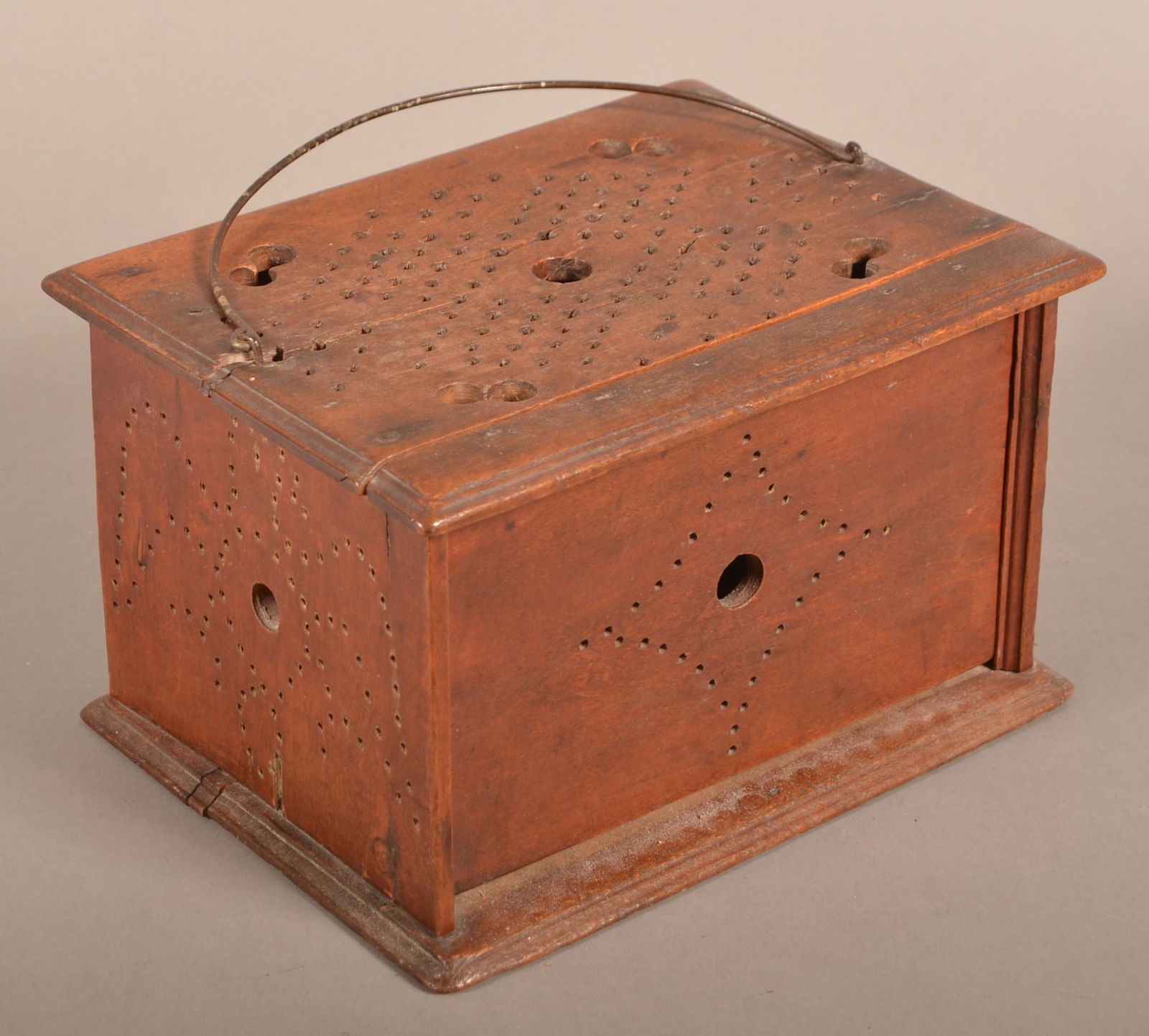 Cherry Foot Warmer with Pierced Decoration.: 19th Century Cherry Foot Warmer with Pierced Decoration. 6-1/4"h. x 10-1/4"w. x 7-1/2"d. Condition: Good with wear. Missing coal box.