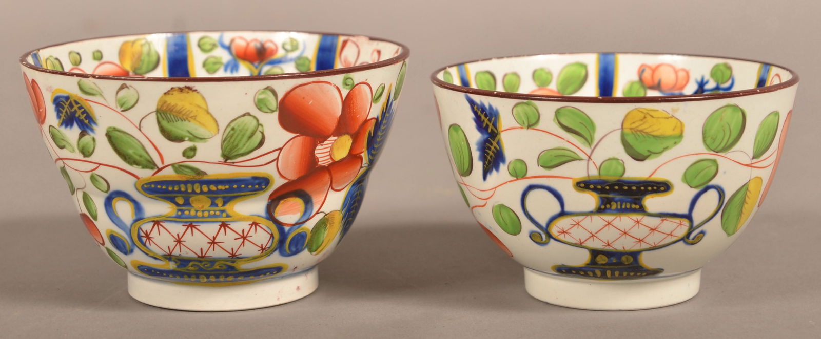 Two Gaudy Dutch Soft Paste China Urn Pattern Cups. (1 of 3)