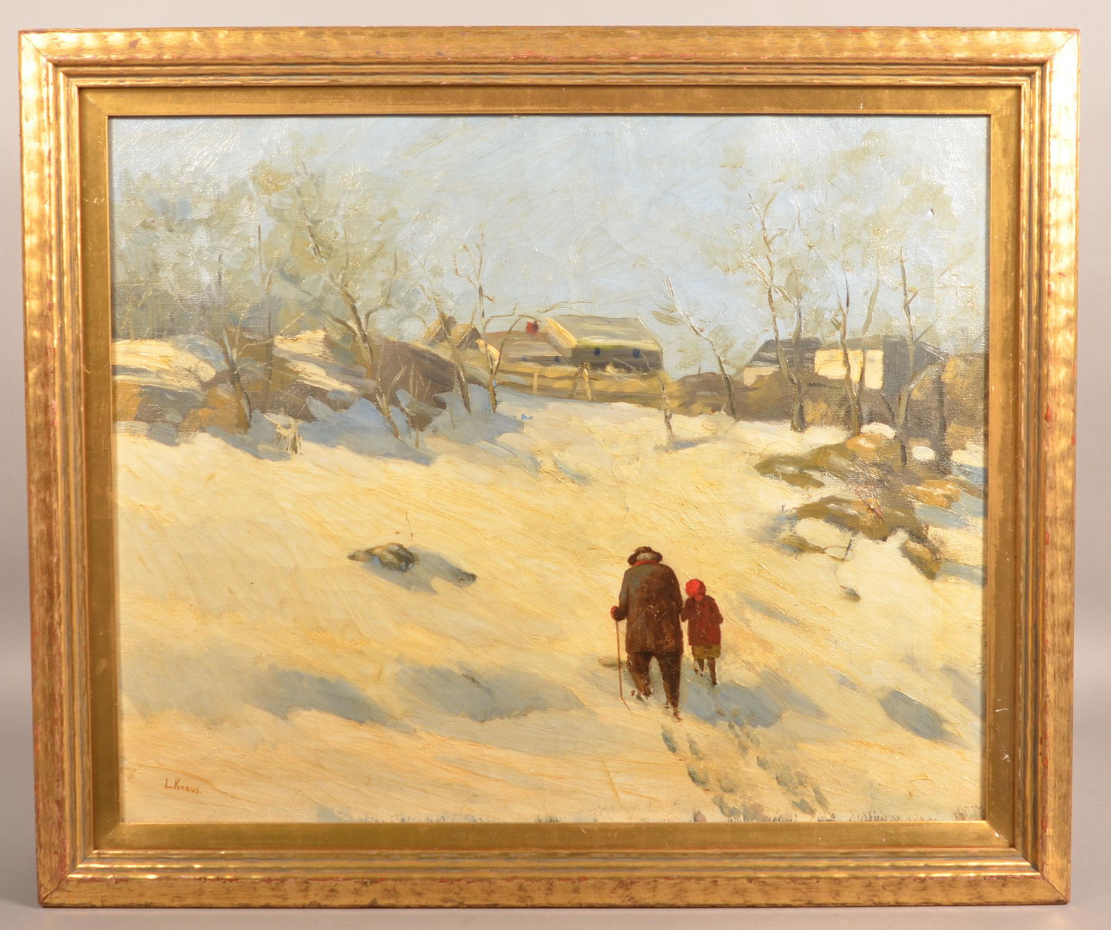 L. Knaus Oil on Canvas Winter Landscape Painting. (1 of 6)