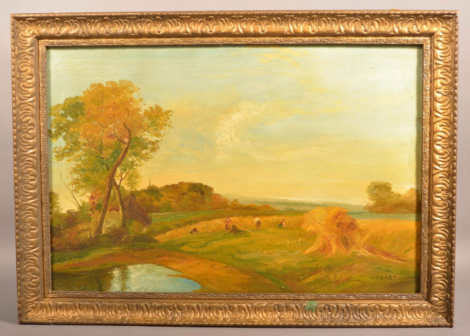 Vintage Oil on Canvas Harvest Scene Painting.: Vintage Oil on Canvas Harvest Scene Painting. Signed lower right Hobart. In a gilt molded frame, 29-1/2" x 41-1/2" overall. Condition: good with wear and tear to right side.