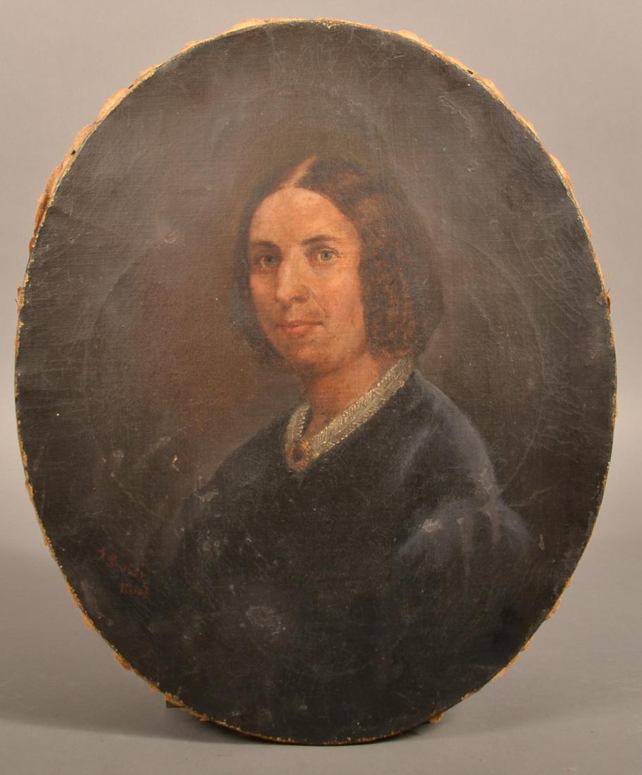 J. Rossi 1863 Oil on Canvas Portrait Painting.: 19th Century Oval Oil on Canvas Portrait Painting of a Woman. Signed lower left "J. Rossi 1863". Unframed 17" x 14". Condition: Good with wear and light soiling.