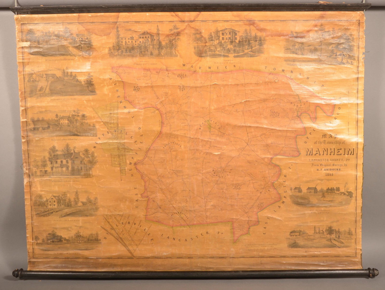 H.F. Bridgens 1853 Map of Manheim, PA.: H.F. Bridgens 1853 Map of Manheim, PA. 40" x 55" overall. Condition: Fair with toning, tears and loss.