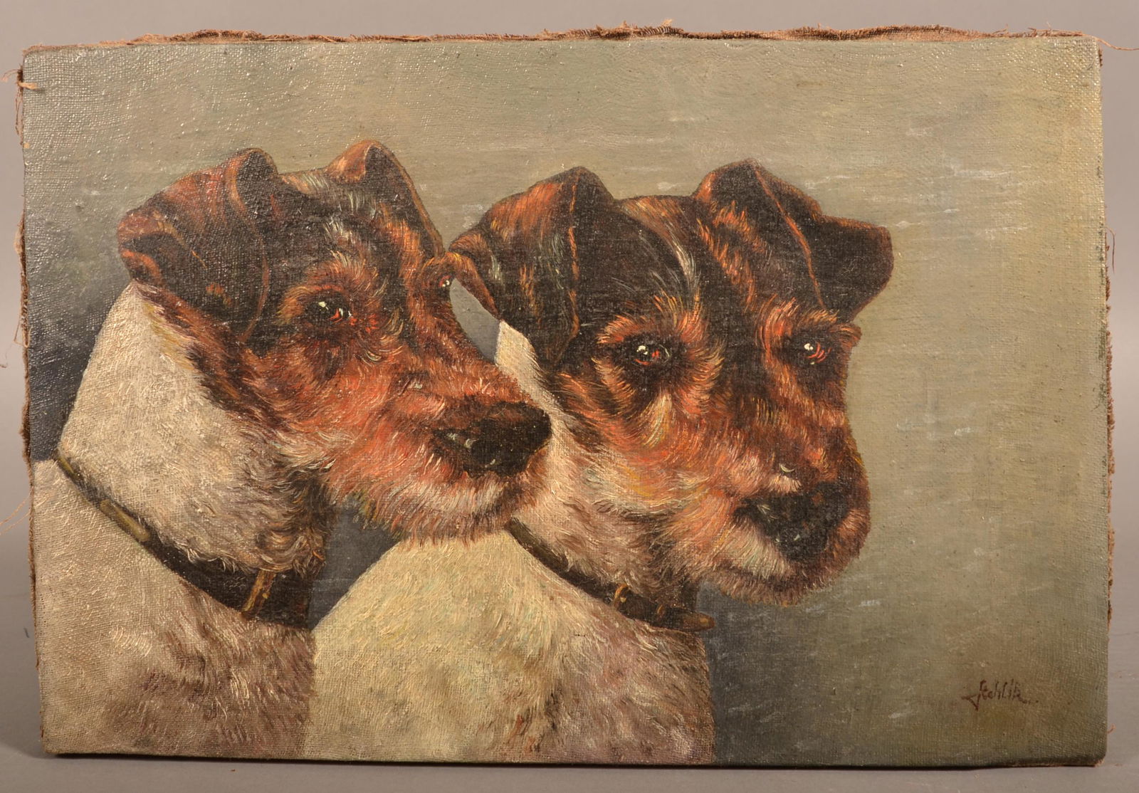 Oil on Canvas Painting of Two Terriers Signed (1 of 3)