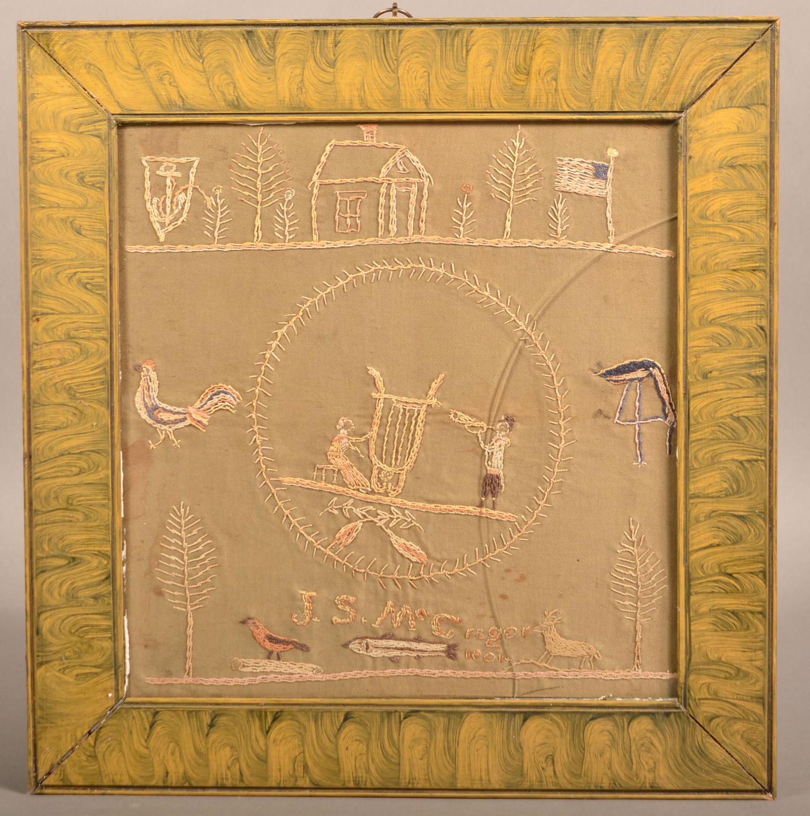 American 1801 Folk Art Pictorial Needlework. (1 of 2)