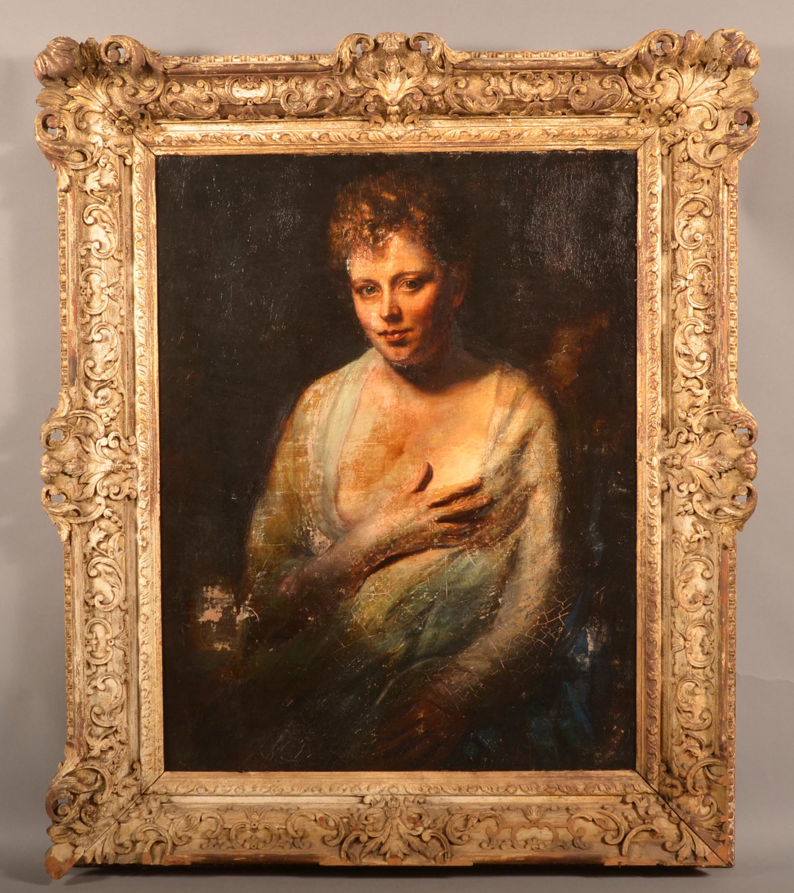 Oil On Canvas Portrait Painting of Seductive Woman.: Antique Oil On Canvas Portrait Painting of Seductive Woman. Oil on canvas painting of a woman with curls wearing a sheer light blue dress, with radiant lighting. Unsigned, 19th century. Canvas size: 2