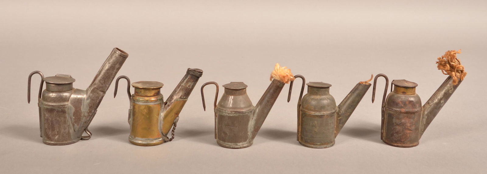 Five Antique Tin Miner's Lamps. (1 of 7)