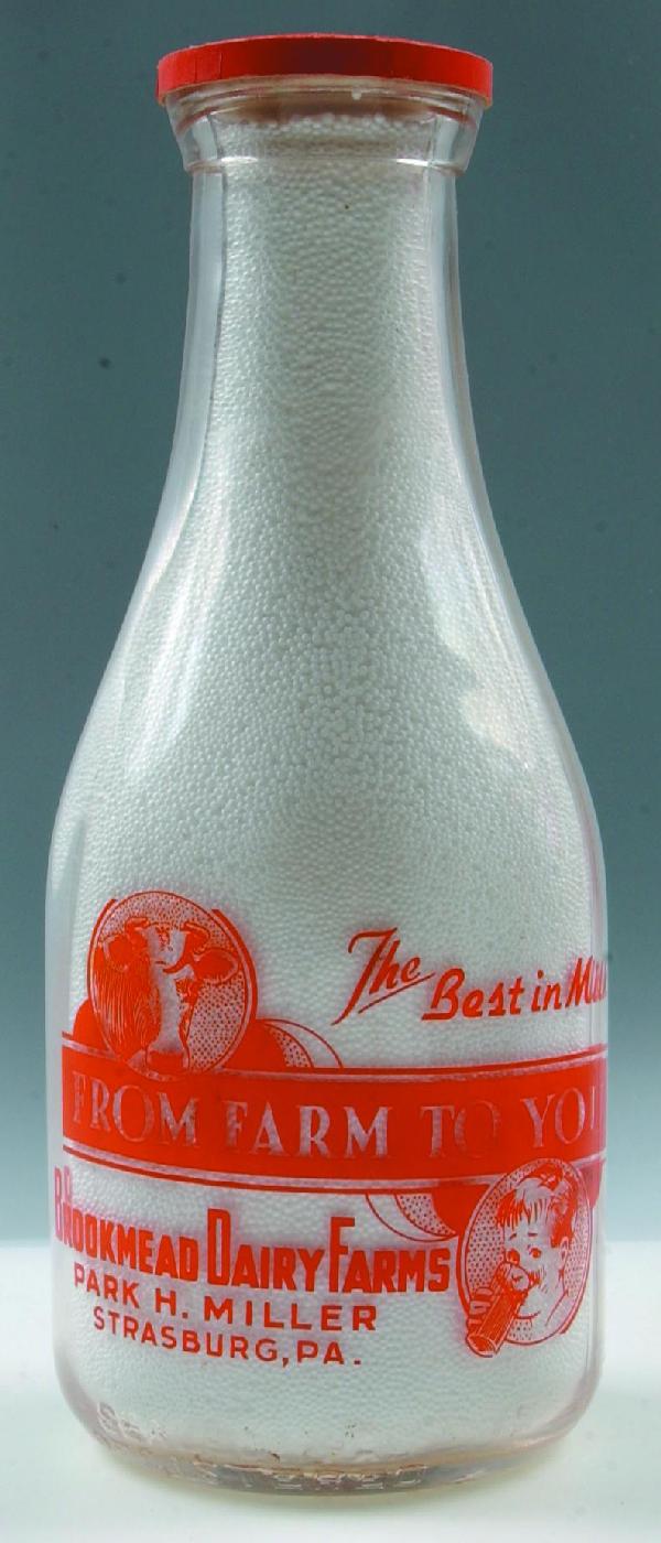 Brookmead Dairy Farms, Park H. Miller Strasburg, P: Brookmead Dairy Farms, Park H. Miller Strasburg, Pa. quart size milk bottle with cap, 9.50", Condition: Good.