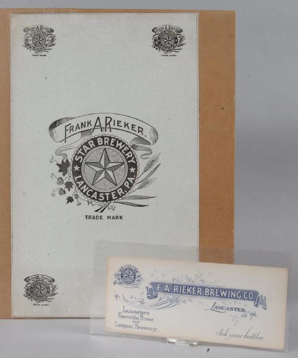 F.A. Rieker's Star Brewery Ledger Book Sleeve and : F.A. Rieker's Star Brewery Ledger Book Sleeve and Advertising Blodder. Condition: Good.