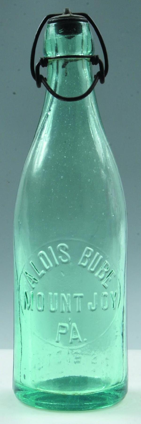 Bube, Alois Mount Joy, Pa. aqua blob top bottle, s: Bube, Alois Mount Joy, Pa. aqua blob top bottle, smooth bottom, 9.25", Condition: good.