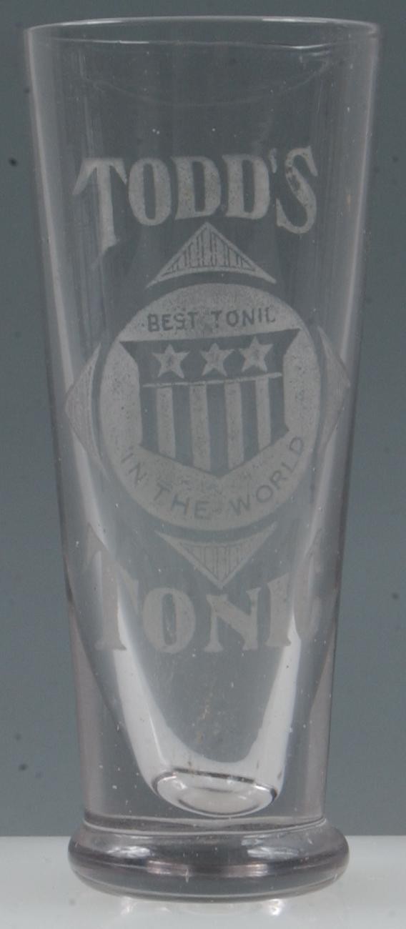 Todd's Tonic, best-tonic in the world flared Shot : Todd's Tonic, best-tonic in the world flared Shot Glass, 3.50", Condition: Good.