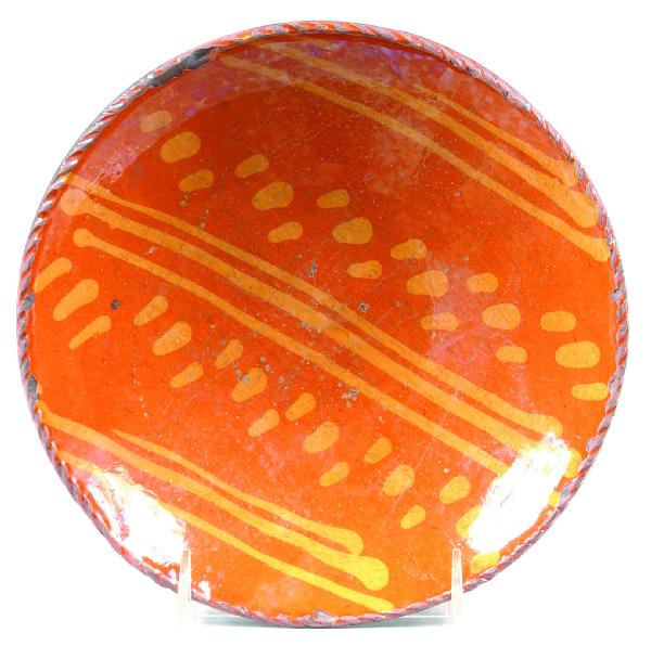 Greg Shooner 2004 Redware Slip Decorated 8 ¼" Plate: Greg Shooner 2004 Redware Slip Decorated 8 ¼" Plate with straight lines and dots, Condition: Edge chip.