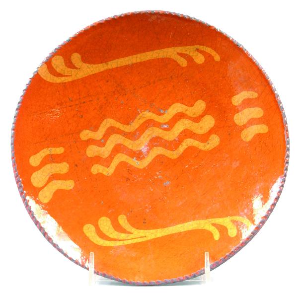 Greg Shooner 2003 Redware Slip Decorated 9" Plate w: Greg Shooner 2003 Redware Slip Decorated 9" Plate with wavy lines, also on back with silver pen Gov. Ray "The Clay Man, thanks and with tulip drawing,