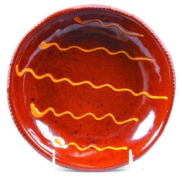 L. Breininger Slip Decorated Redware 8" Plate, sign: L. Breininger Slip Decorated Redware 8" Plate, signed L. Breininger Oct. 1973 Pa. Condition: Very good.