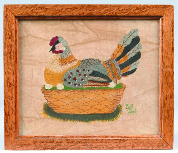 Bill Rank Hen on Nest Theorem in oak Frame, 12"h. x: Bill Rank Hen on Nest Theorem in oak Frame, 12"h. x 14"w. Condition: Very Good.