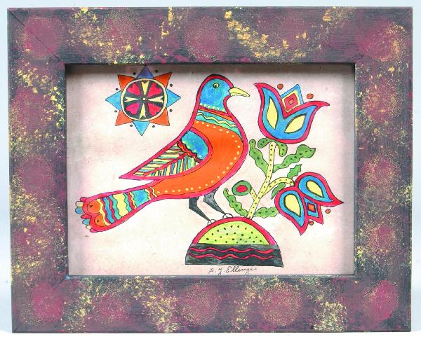 D.Y. Ellinger Watercolor Drawing, bird on mound wi: D.Y. Ellinger Watercolor Drawing, bird on mound with flower, polychrome painted, in painted decorated frame, 8 ¾"h. x 10 ¾"w. Condition: Very good.