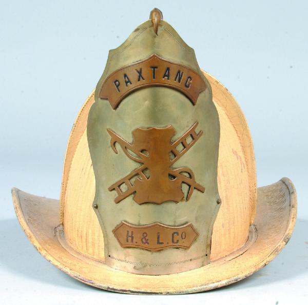 Leather Paxtang H. & L. Co. Fire Man Helmet havin: Leather Paxtang H. & L. Co. Fire Man Helmet having Eagle head marquee holding Paxtang H. & L. Co. Brass Plaque front with hook and ladder crossed with No. 1, accompanied with a Steelton Pennsylvania S