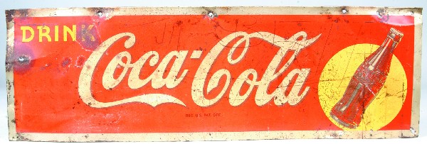 Tin Coca-Cola Horizontal Advertising Sign, white a: Tin Coca-Cola Horizontal Advertising Sign, white and yellow lettering, 11 ¼"h. x 34 ¾"w. Condition: Poor.
