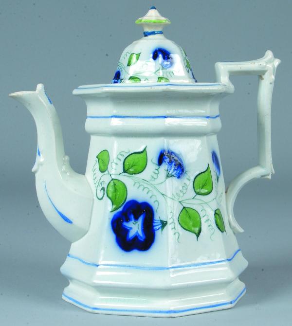 Ironstone China Morning Glory Pattern Paneled Coff: Ironstone China Morning Glory Pattern Paneled Coffee Pot. 9 ¾" high. Condition: Finial repair and hairlines around base.