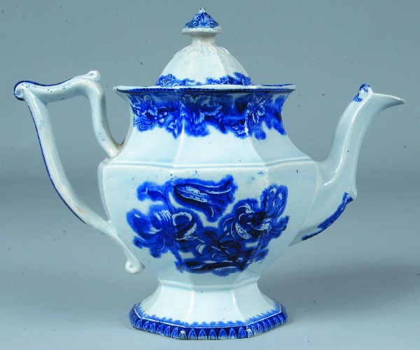 Ironstone Blue Transfer China "Lobelia" Coffee Pot: Ironstone Blue Transfer China "Lobelia" Coffee Pot marked Longport. 9 ¼" high. Condition: Tiny chip on spout and finial repair on lid.