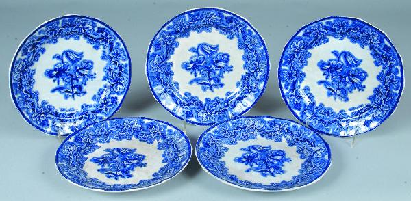 Five Ironstone Blue Transfer China "Lobelia" 9 ½" : Five Ironstone Blue Transfer China "Lobelia" 9 ½" Paneled Plates marked Longport. Condition: Good.