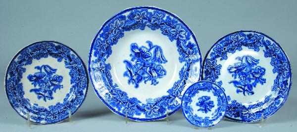 Four Various Ironstone Blue Transfer China "Lobeli: Four Various Ironstone Blue Transfer China "Lobelia" Paneled Plates marked Longport; 10 ¾" Soup Plate, 8 ¾" and 7 ½" plates plus a 4" cup plate. Condition: All are good.