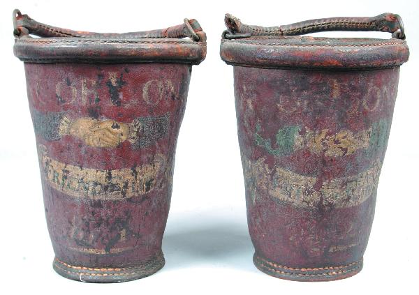 Pair of Early 19th Century Lancaster County, PA Le: Pair of Early 19th Century Lancaster County, PA Leather Fire Buckets Owned by Jacob Long. Painted decoration of shaking hands and banner marked "FRIENDSHIP" and numbered 1 and 2. 12"h x 9"diam. Condit