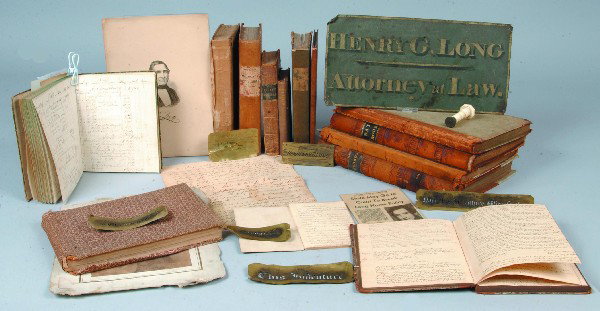 Grouping of Judge Henry G. Long, Lancaster, Pa inc: Grouping of Judge Henry G. Long, Lancaster, Pa including 19th Century Ledgers and record books, Law books, Photograph and printed likenesses, brass stencil plates for legal documents and an ivory hand