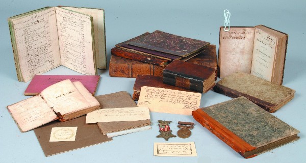 Grouping of Jacob and Peter Long, Lancaster, Pa in: Grouping of Jacob and Peter Long, Lancaster, Pa including 19th Century Ledgers and record books, reward of merit, GAR medal, NGP expert marxman medal, etc. Condition: Fair to good.
