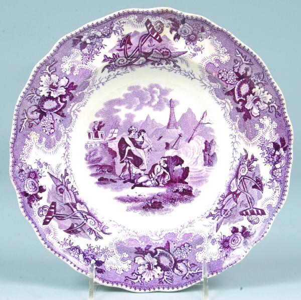 Staffordshire Purple Transfer China "The Sea" (Shi: Staffordshire Purple Transfer China "The Sea" (Ship Wreck Scene) 9 ½" Scalloped Edge Soup Plate marked Adams. Condition: Good.
