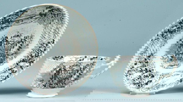 Staffordshire Black Transfer China "Temperance Arm: Staffordshire Black Transfer China "Temperance Arms" Tea Cup and Saucer. Condition: Chip on base rim of cup.