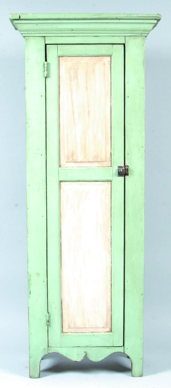 20th Century Country Softwood Chimney Cupboard wit: 20th Century Country Softwood Chimney Cupboard with Robin egg blue and white paint. Ogee molded cornice, single door with double raised panels, interior shelves and scalloped skirt with Cut-out feet. 