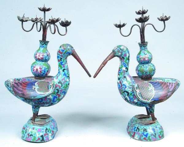 Pair Cloisonné Bird Form Candelabras, two- part fu: Pair Cloisonné Bird Form Candelabras, two- part full body of bird with vase on back on mound style base, 22 ¼"h. Condition: Losses and minor breaks.
