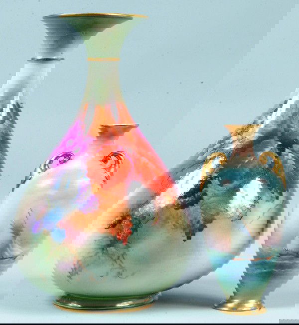 Two Various Royal Worcester Hand Painted Porcelain: Two Various Royal Worcester Hand Painted Porcelain Vases; first is an 7 ½" vase with fruit and floral decoration, Artist signed " E. Spilsbury", second is a 4 ½" vase with Sailboat decoration, Artis