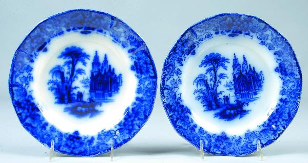 Two Flow Blue Ironstone China "Gothic" 9 ¼" Panele: Two Flow Blue Ironstone China "Gothic" 9 ¼" Paneled Plates marked J.F. & Co. (Jacob Furnival & Co.). Condition: Good.