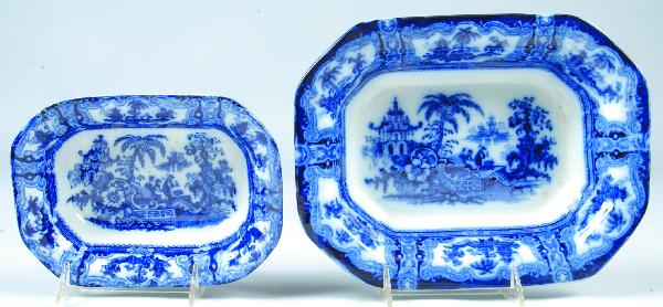 Two Flow Blue Ironstone China "Kyber" Open Vegetab: Two Flow Blue Ironstone China "Kyber" Open Vegetable Bowls marked Adams 7 ½" and 10". Condition: Good.