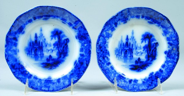 Two Flow Blue Ironstone China "Gothic" 7" Paneled: Two Flow Blue Ironstone China "Gothic" 7" Paneled Plates marked J.F. & Co. (Jacob Furnival & Co.). Condition: Good.