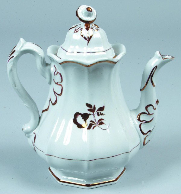 Copper Lustre Decorated White Ironstone China "Mor: Copper Lustre Decorated White Ironstone China "Morning Glory" Pattern Coffee Pot, 9 ½" high. Condition: Good.