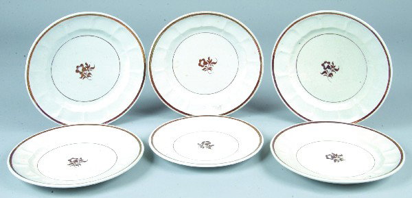 Six Various Copper Lustre Decorated White Ironston: Six Various Copper Lustre Decorated White Ironstone China "Morning Glory" Pattern Plates; four 10", one 9 ¾" and one 8 ¾". Condition: Good.