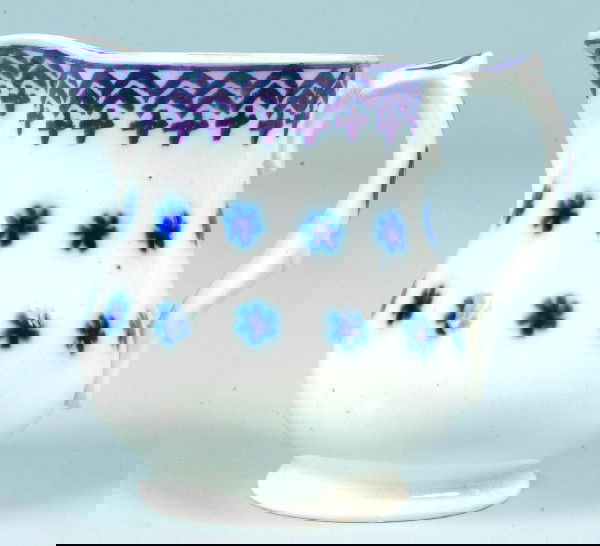 Flow Blue and Mulberry Ironstone China Snowflake P: Flow Blue and Mulberry Ironstone China Snowflake Pattern 4" Bulbous Cream Pitcher. Condition: Good.