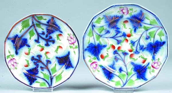 Two Various Gaudy Ironstone China "Strawberry" Pat: Two Various Gaudy Ironstone China "Strawberry" Pattern Paneled Plates, 8 ½" (good) and 7 ¾" (base rim chip).