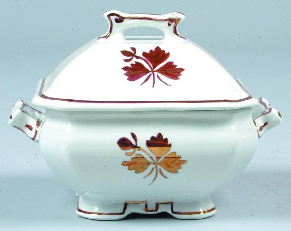 Copper Lustre Decorated White Ironstone China "Tea: Copper Lustre Decorated White Ironstone China "Tea Leaf" Pattern Covered Butter Dish with liner marked Alfred Meakin, 4 ¾" high. Condition: Good.