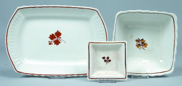 Three Various Pieces of Copper Lustre Decorated Wh: Three Various Pieces of Copper Lustre Decorated White Ironstone "Tea Leaf " Pattern China, all with scalloped edge; 12 ¼" platter marked Burgess, 7 ¾" diam. Square serving bowl marked Meakin and a 4