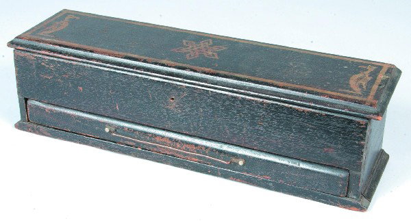 Painted Rectangular Box having hinged lid and lowe: Painted Rectangular Box having hinged lid and lower drawer, painted black with lid having central floral and star flanked by Eagles in gold paint, mixed woods, 5 ½"h. x 19 ¼'w.x 5 ¼"d. Condition: L