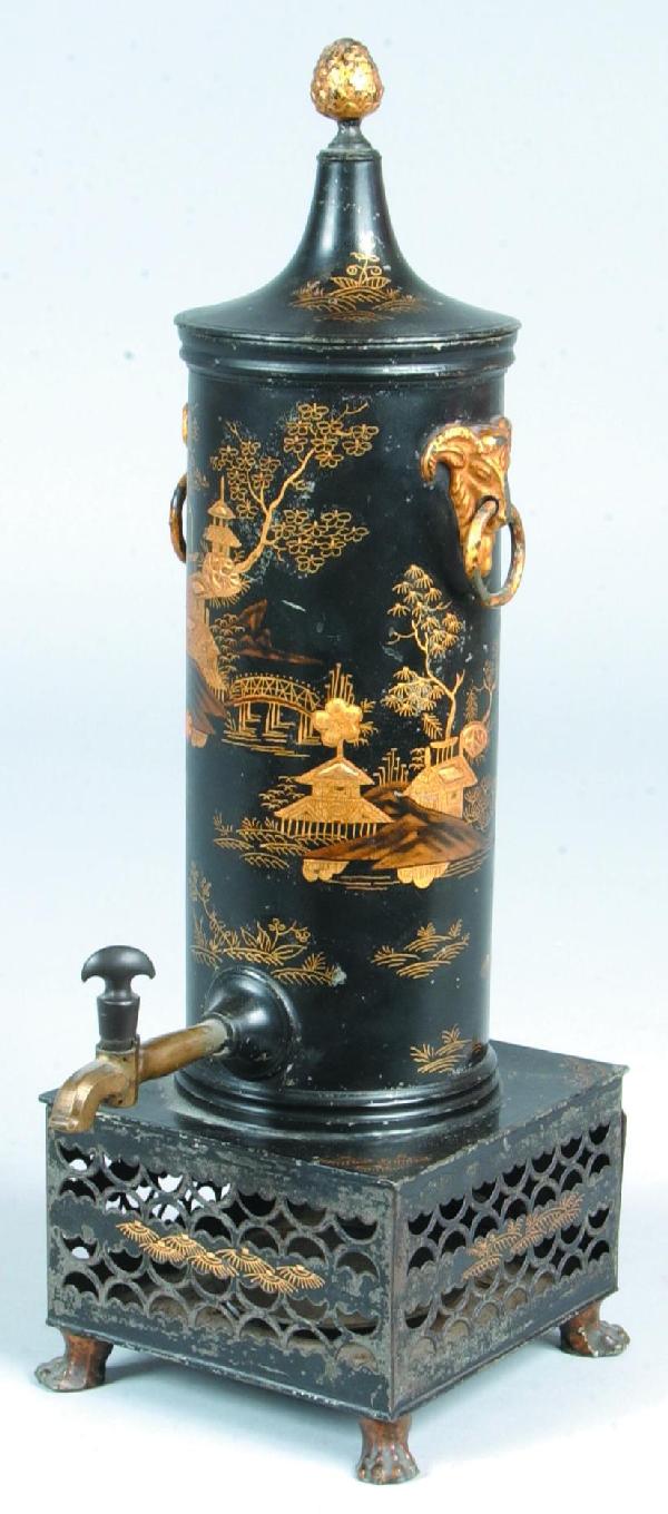Oriental Decorated Covered Tea Urn, cylinder form : Oriental Decorated Covered Tea Urn, cylinder form on reticulated tin square base having brass paw feet, pineapple finial, japanning with gilt oriental decorations, rams head with drop ring handles, br