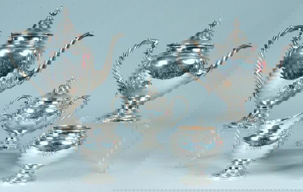 Gorham Sterling Five Piece Coffee and Tea Set mono: Gorham Sterling Five Piece Coffee and Tea Set monogram ESR, alone with International Silver Co. Serving Tray with gadroon border, coffee pot 10 ½"h. tray 21 ¾"dia. with out handles, Condition: Very