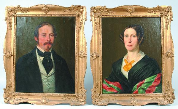 Pair of Portraits Paintings of Gentleman and Woman: Pair of Portraits Paintings of Gentleman and Woman, oil on canvas, 19th century, man wearing dark colored jacket, white shirt with fancy vest and necktie, woman wearing dark colored dress with shawl a